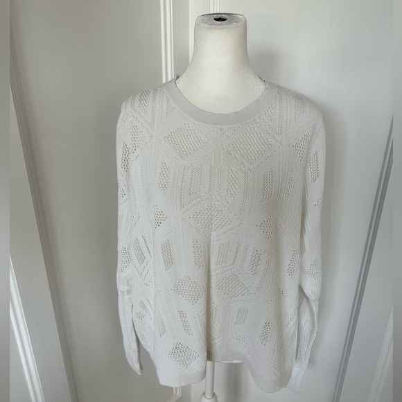 Loft Womens White Tribal Pattern Loose Knit Cotton Lightweight Sweater Sz Large - Picture 2 of 8